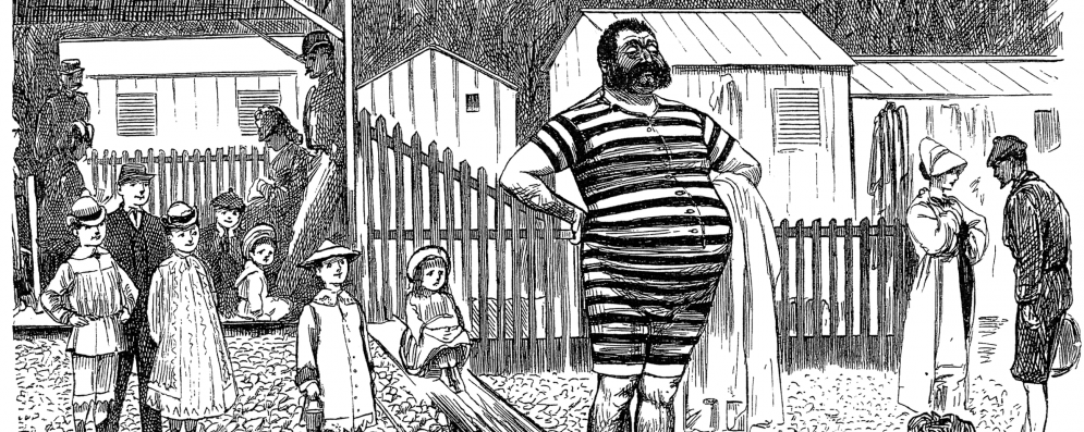 Cartoon man in vintage swimsuit