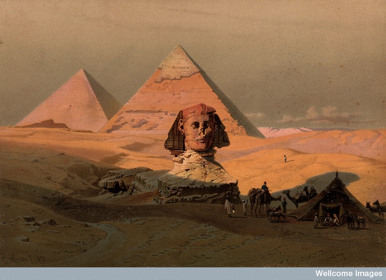 Egypt: the pyramids at Giza and the Sphinx.  Credit: Wellcome Library, London. Wellcome Images